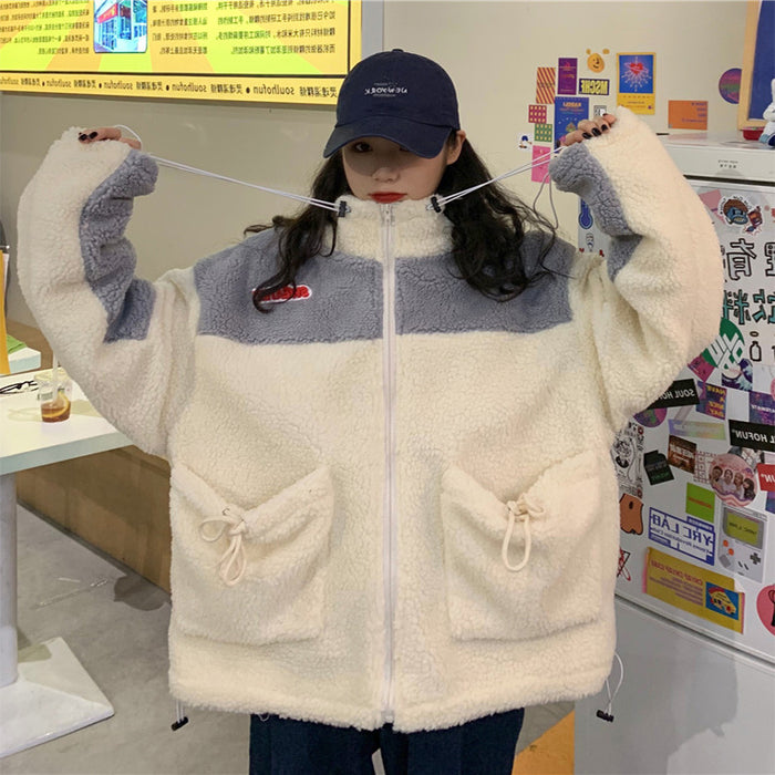 Lamb fur Harajuku style cardigan women