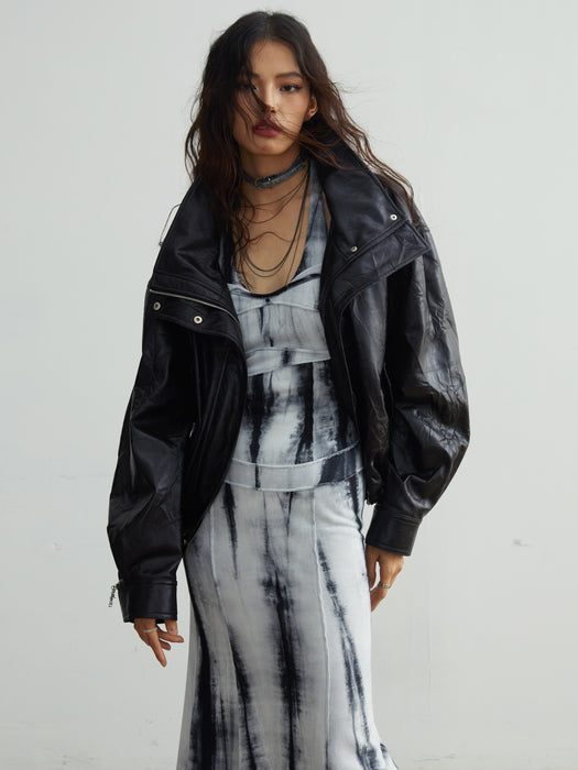 Retro Luxury Detachable Large Fur Collar Leather Jacket