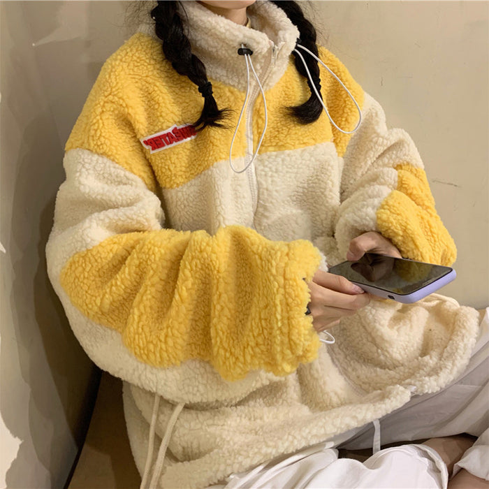 Lamb fur Harajuku style cardigan women