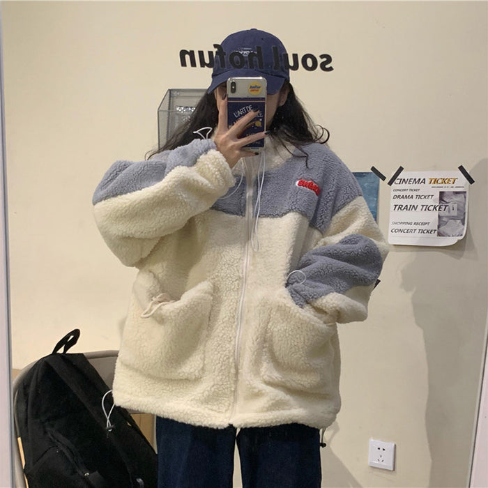 Lamb fur Harajuku style cardigan women