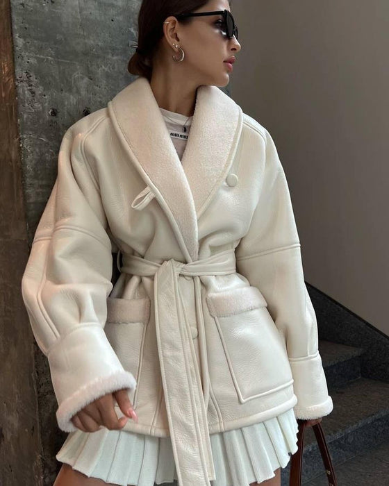 Modern Leather and Fur Long Sleeve Coat for Women