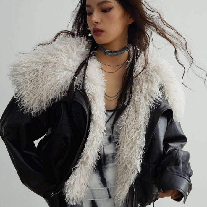 Retro Luxury Detachable Large Fur Collar Leather Jacket