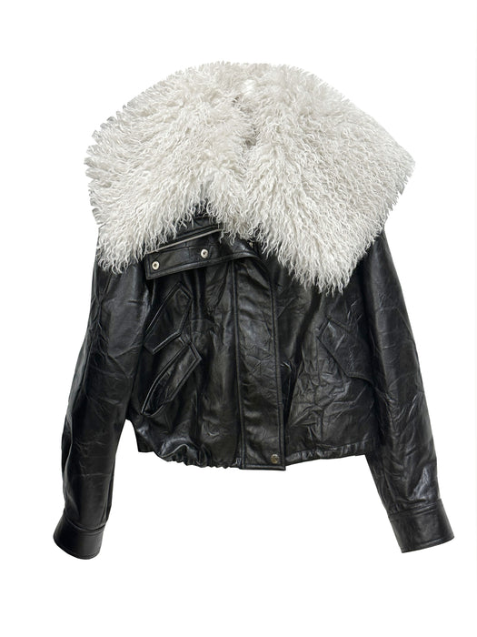 Retro Luxury Detachable Large Fur Collar Leather Jacket