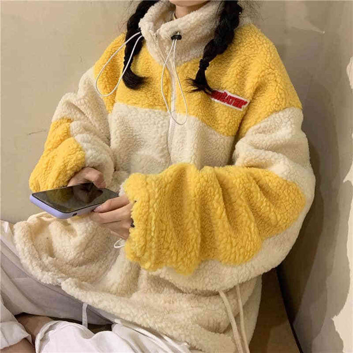 Lamb fur Harajuku style cardigan women