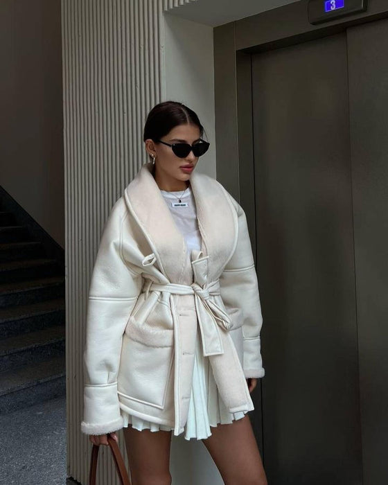 Modern Leather and Fur Long Sleeve Coat for Women