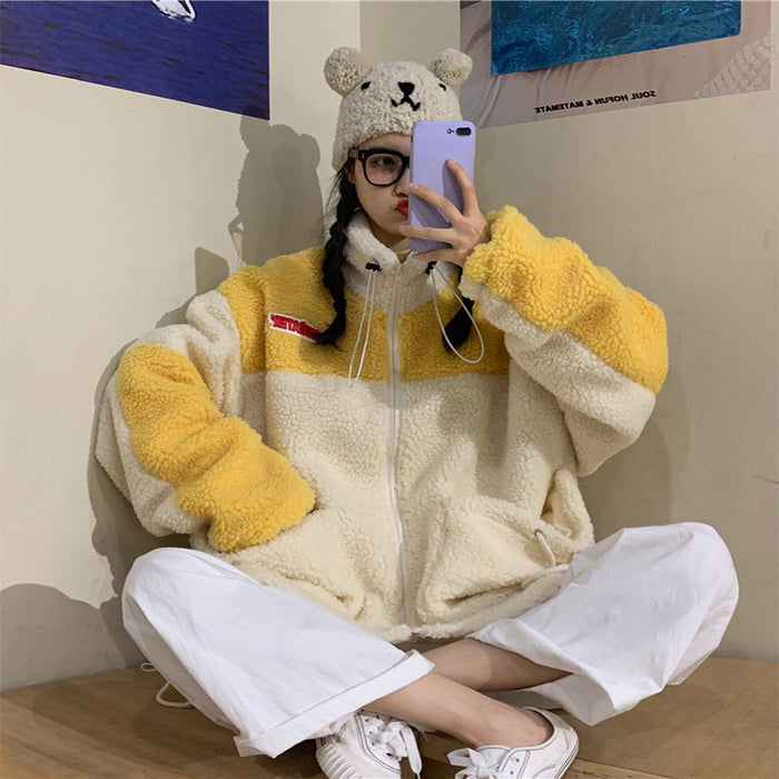 Lamb fur Harajuku style cardigan women