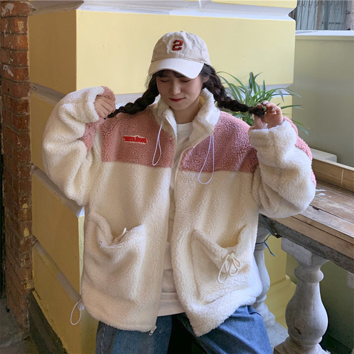 Lamb fur Harajuku style cardigan women